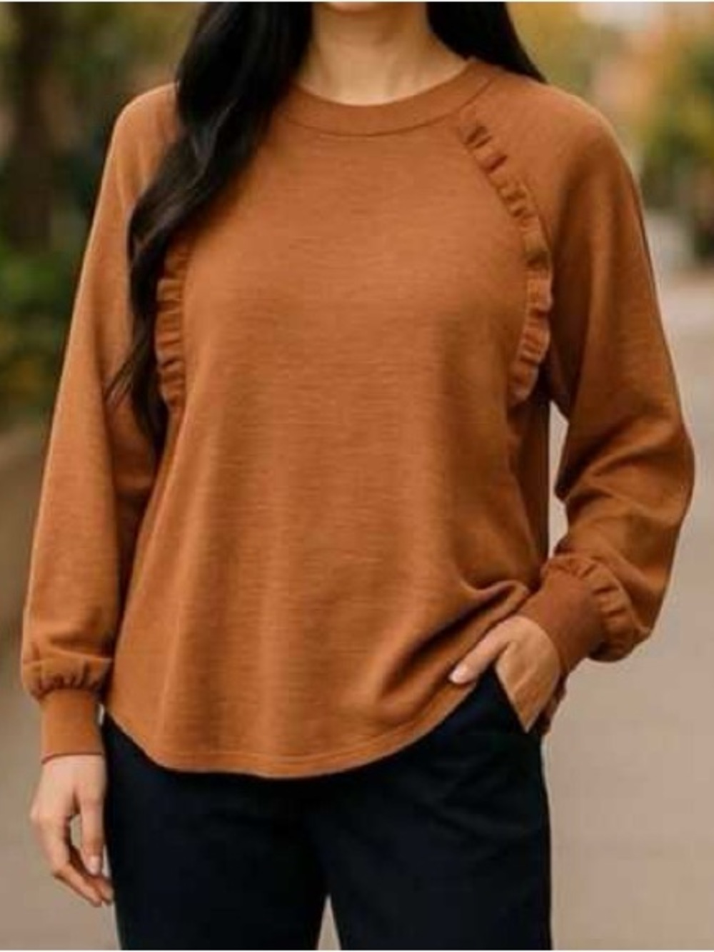 Pilcro Anthropologie Top Womens  XS Brown Ruffled Raglan Thermal Boho Slouchy